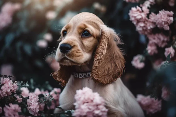 a dog with a collar sitting in a bush of flowers.