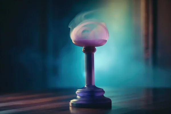 a purple object on a wooden table with a blurry background.