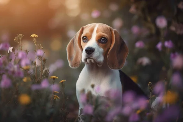 a beagle puppy sitting in a field of purple flowers.