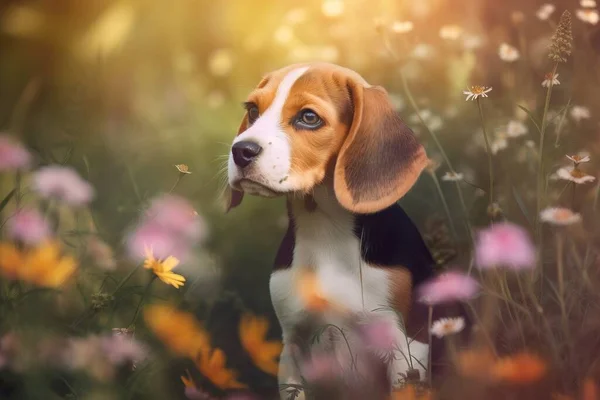 a beagle puppy sitting in a field of flowers looking up.