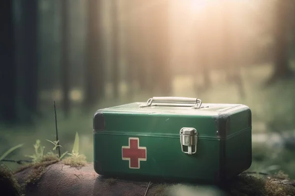 a green medical box sitting on top of a forest floor.