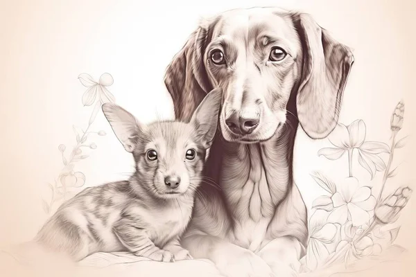 a drawing of a dog and a puppy laying down together.