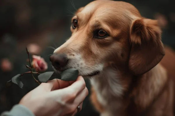 a person feeding a dog a flower with its mouth and nose.