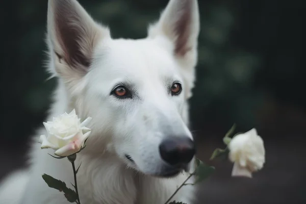 a white dog with a flower in its mouth looking at the camera.
