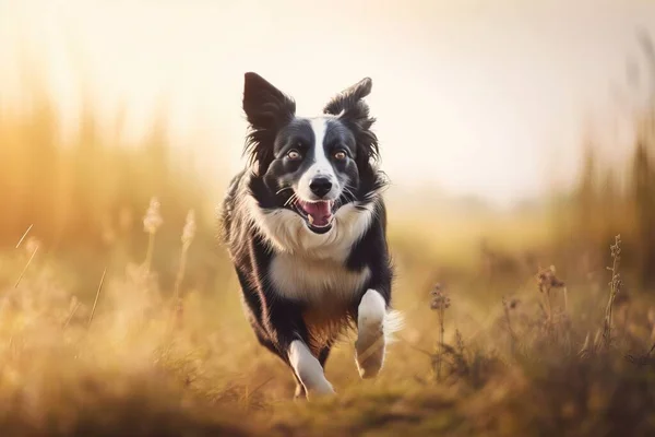 a black and white dog running through a field of grass.