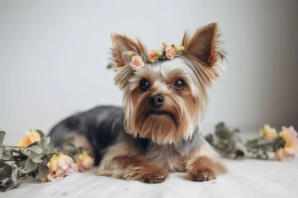a small dog with a flower crown on its head sitting on a bed of flowers.