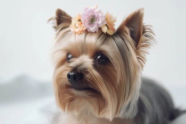 a small dog with a flower in its hair is looking at the camera.