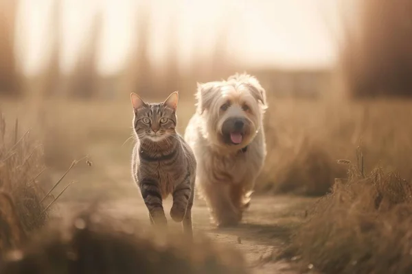 a cat and a dog are running down a path together.