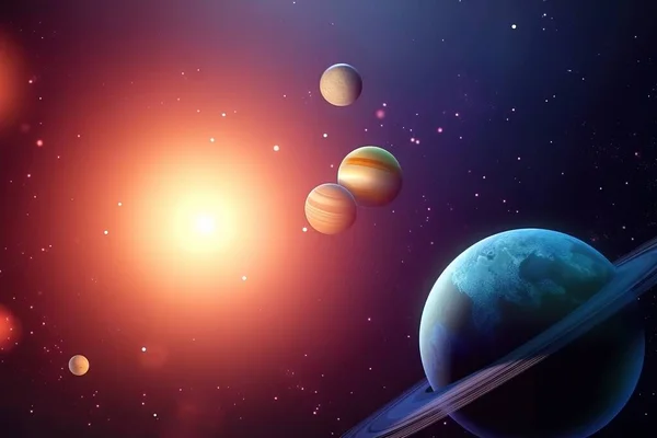 a solar system with planets and the sun in the background, with stars in the sky, and the sun shining brightly in the background.
