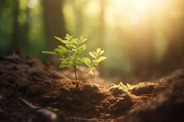 a small plant sprouts out of the dirt in a forest area with sunlight shining through the trees and the dirt on the ground.