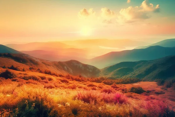 the sun is setting over the mountains in the valley with tall grass and flowers in the foreground, and a few clouds in the distance.