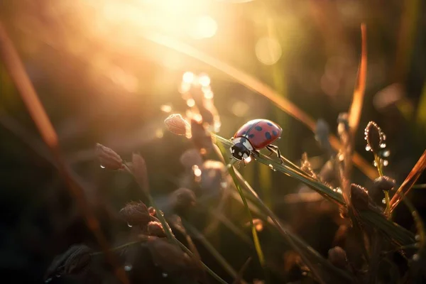 a lady bug sitting on top of a grass covered field next to a flower covered in water drops of sunbeams in the background.