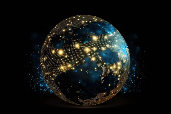 a shiny globe with a lot of lights around it on a black background with a black background and a black background with a blue and gold globe.