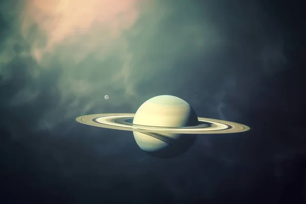 an image of a saturn with a ring around it\'s base in the dark night sky with clouds and a bright sun in the background.