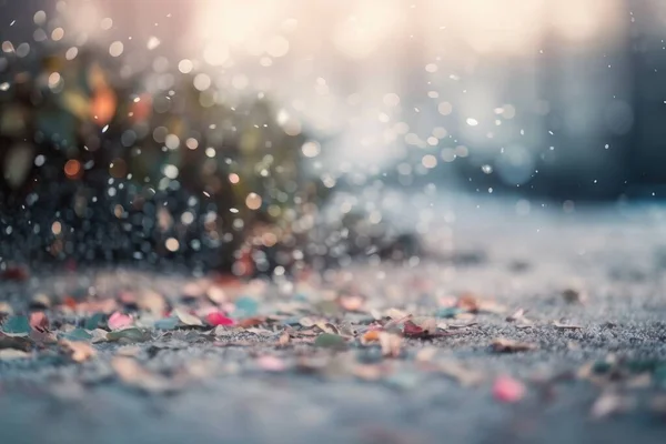a close up of a bunch of small objects on the ground with water droplets on it and a blurry background of a tree in the background.