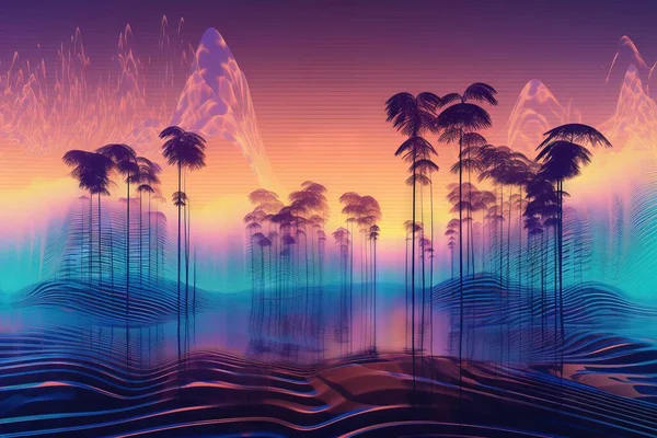 a digital painting of palm trees in a tropical setting with a sunset in the background and a wave of water in the foreground, with a blue and pink and orange hue.