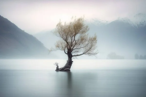a lone tree in the middle of a body of water with mountains in the background and fog in the air, with a single tree in the foreground.