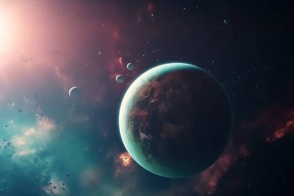 an artist's rendering of a planet in the sky with a star in the background and a distant star in the foreground, with a bright blue and red hued background.