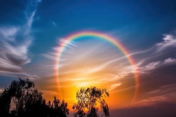 a rainbow appears in the sky over a tree line at sunset or dawn with clouds and trees in the foreground and a blue sky with white clouds.