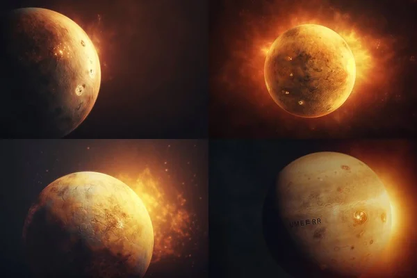 four views of the planets in different stages of formation, including a star and a planet with a sun in the middle of the image.