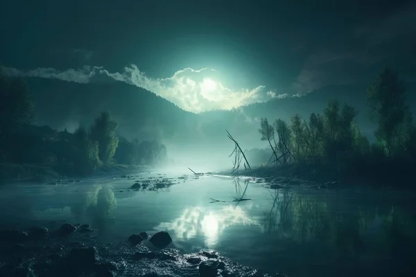 a painting of a river with a full moon in the sky and trees in the water with rocks in the foreground and a mountain range in the background.