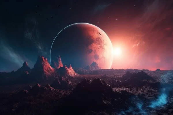 an alien landscape with a red planet in the distance and a bright sun in the sky above it, and a distant star in the distance.