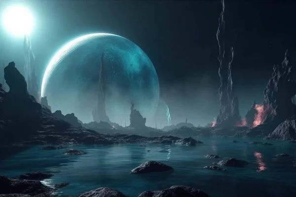 an alien landscape with a giant blue planet in the background and a man standing on a rock in the foreground of the image, with a bright light shining on the water.
