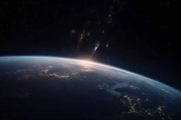 a view of the earth from space with the sun rising over the horizon and stars in the sky above the earth\'s horizon, as seen from space.
