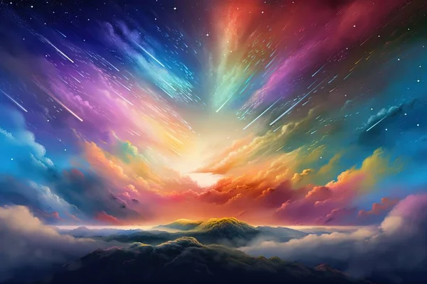 a painting of a colorful sky filled with stars and a bright star above a mountain top with clouds and stars in the sky above it.