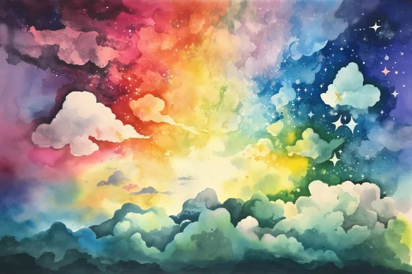 a painting of a rainbow colored sky with clouds and stars in the sky and stars in the sky above the clouds and the stars in the sky.