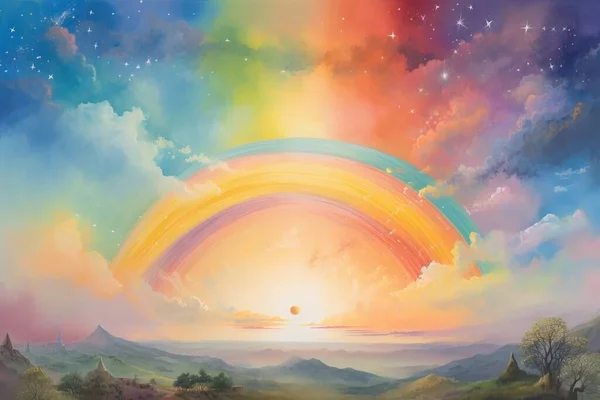 a painting of a rainbow in the sky with clouds and a sun in the distance with a star in the sky and a tree in the foreground.