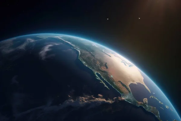 a view of the earth from space with the sun shining on the horizon and the horizon line visible in the foreground of the image.