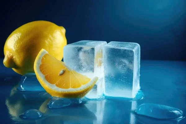 a lemon and ice cubes on a blue surface with water droplets around it and a lemon slice on the ice cubes with water droplets around it.