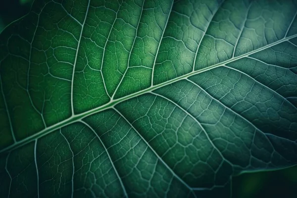 a close up of a green leaf\'s leaf structure with a dark background and a soft focus to the center of the leaf\'s leaf.