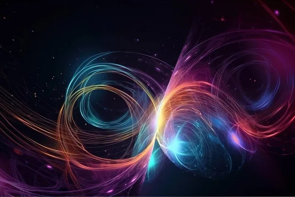 a colorful abstract background with swirls and stars on a black background with space for text or a logo or a logo on the bottom corner.
