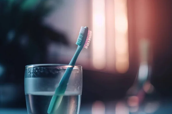 a toothbrush in a glass of water on a table.