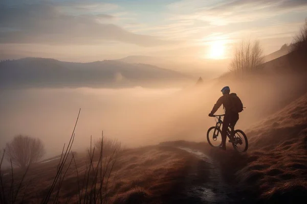 a person riding a bike on a trail in the foggy mountains at sunrise or dawn with the sun peeking through the foggy clouds.