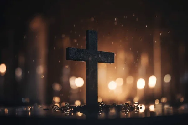 a cross on a table in a dark room with boke of lights in the background and a blurry image of the cross in the foreground.