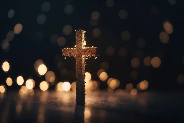 a cross on a table with a blurry background of lights in the background and a blurry background of boke of lights in the foreground.