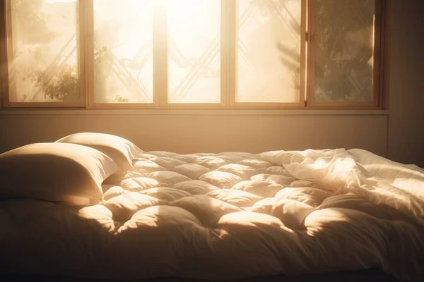a bed with a white comforter and pillows in front of a window with sunlight streaming through the window and a plant in the corner.