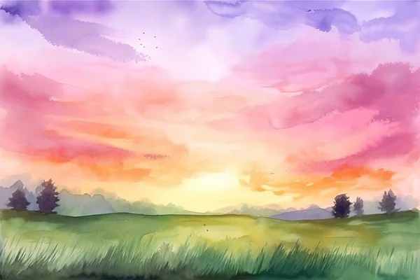 a painting of a sunset over a green field with trees and clouds in the distance with a pink and purple sky in the background with a few clouds.