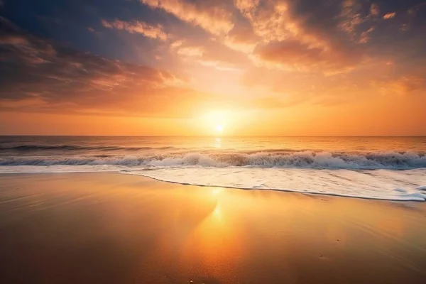 the sun is setting over the ocean with waves coming in and out of the water on the sand and the sand on the beach and in the water.