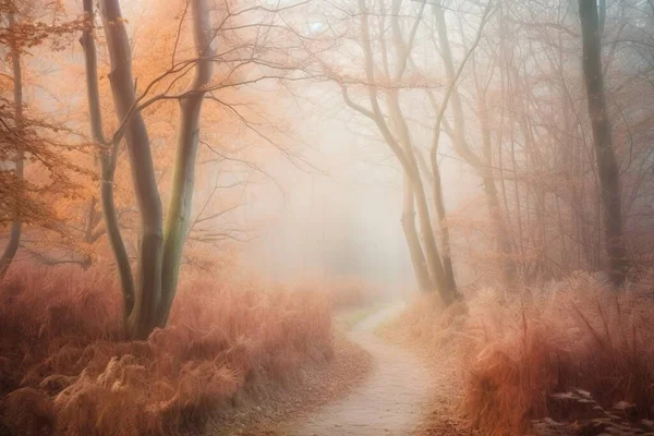 a foggy path in a forest with tall trees and grass on either side of it and a path leading to the center of the picture.