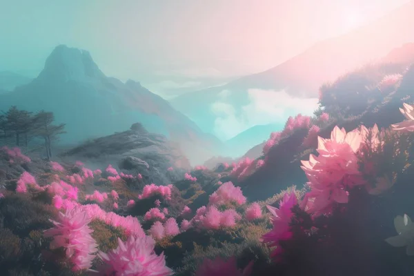a painting of a mountain with pink flowers in the foreground and a foggy sky in the background, with a mountain range in the distance.