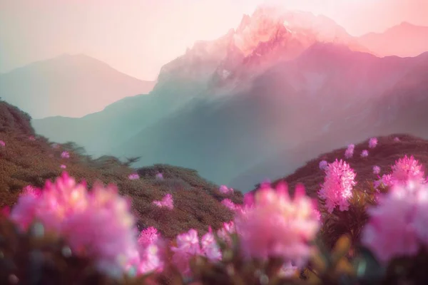 pink flowers in the foreground with a mountain in the background in the foreground is a blurry image of a pink sky and mountains.