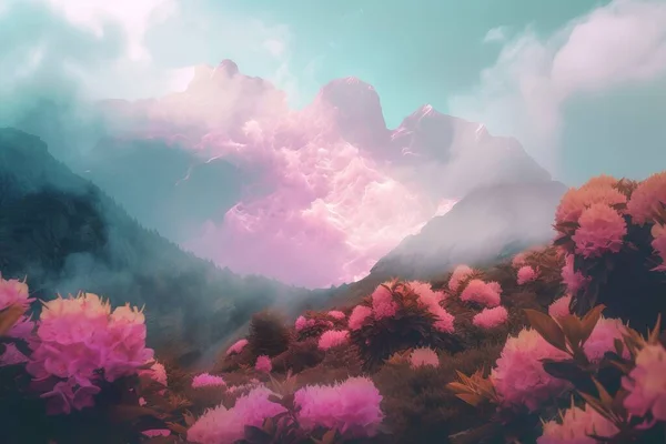 a painting of pink flowers in the foreground and a mountain in the background with clouds in the sky and a blue sky with pink clouds.
