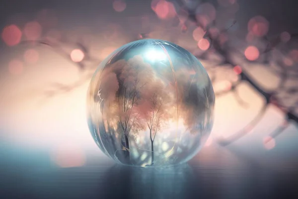 a glass ball sitting on top of a table with a tree in the middle of the glass ball on top of the table is a blurry background.