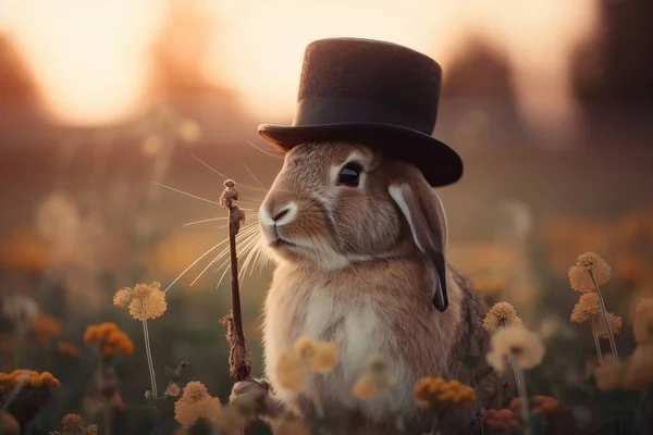 a rabbit wearing a top hat and holding a stick in a field of flowers with the sun setting behind it and a blurry background.