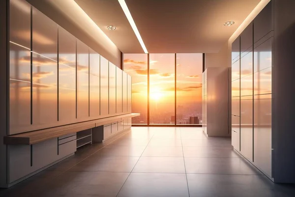 a hallway with a bench and a view of the city outside the window at sunset or sunrise or sunset, in a modern building with glass walls and floor to ceiling lighting.