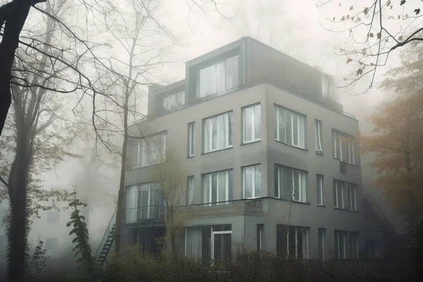 a tall building sitting in the middle of a forest filled with trees on a foggy day with a staircase leading up to the top of the building.